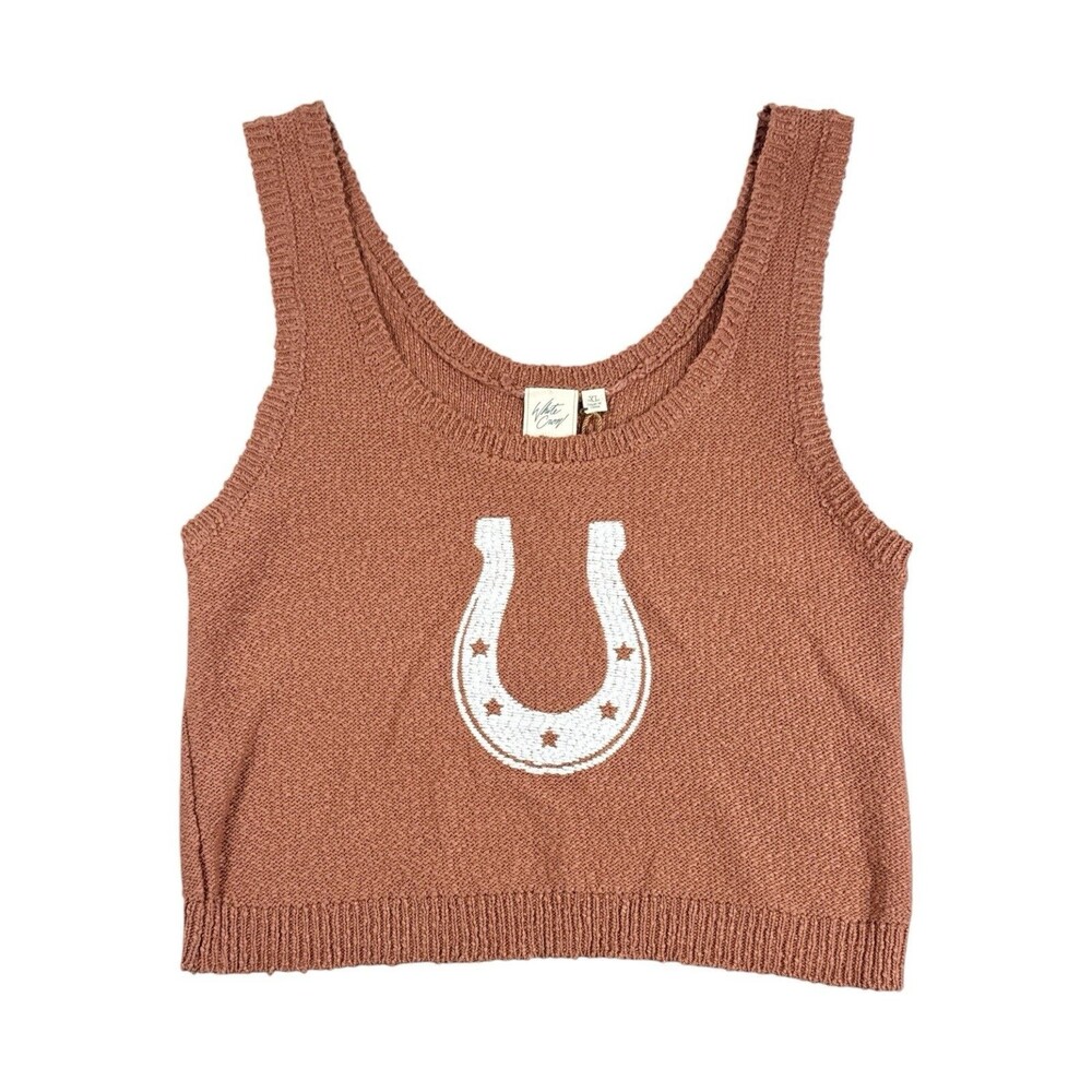 White Crow Horseshoe Knit Sweater Tank Top XL Western Boho NWT Rust Crop - Picture 2 of 8